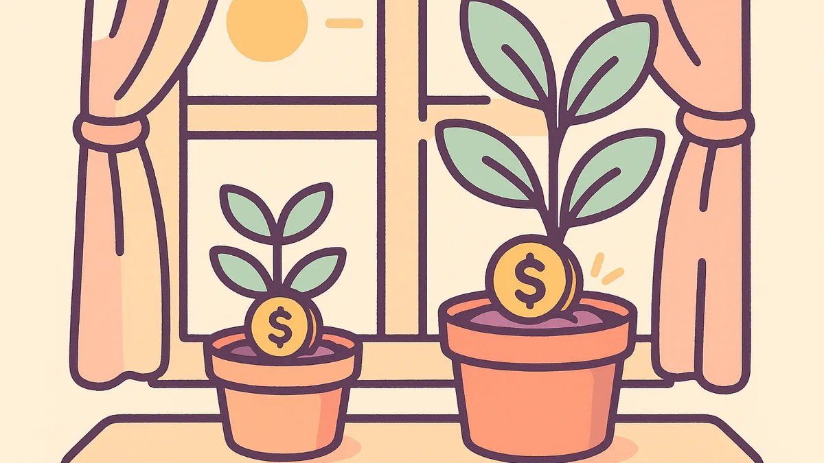 A small plant next to one twice its size, coins in the soil