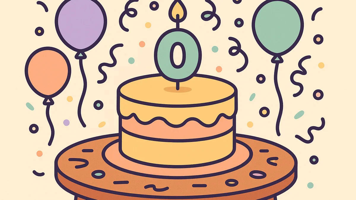 A birthday cake with one candle and pastel balloons